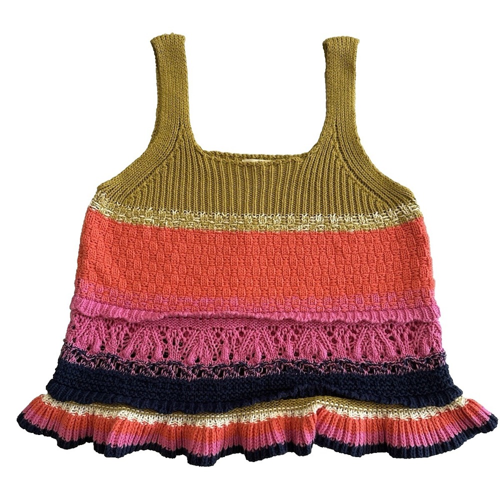 Entro Women Crochet Knit Tank Top Size L Multicolor Ruffle Hem Boho Cottagecore